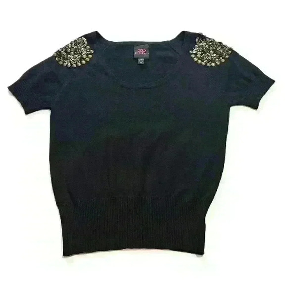 bebe Womens Black Sequins Round Neck Short Sleeve Sweater Top Academia Size XS - Picture 1 of 9